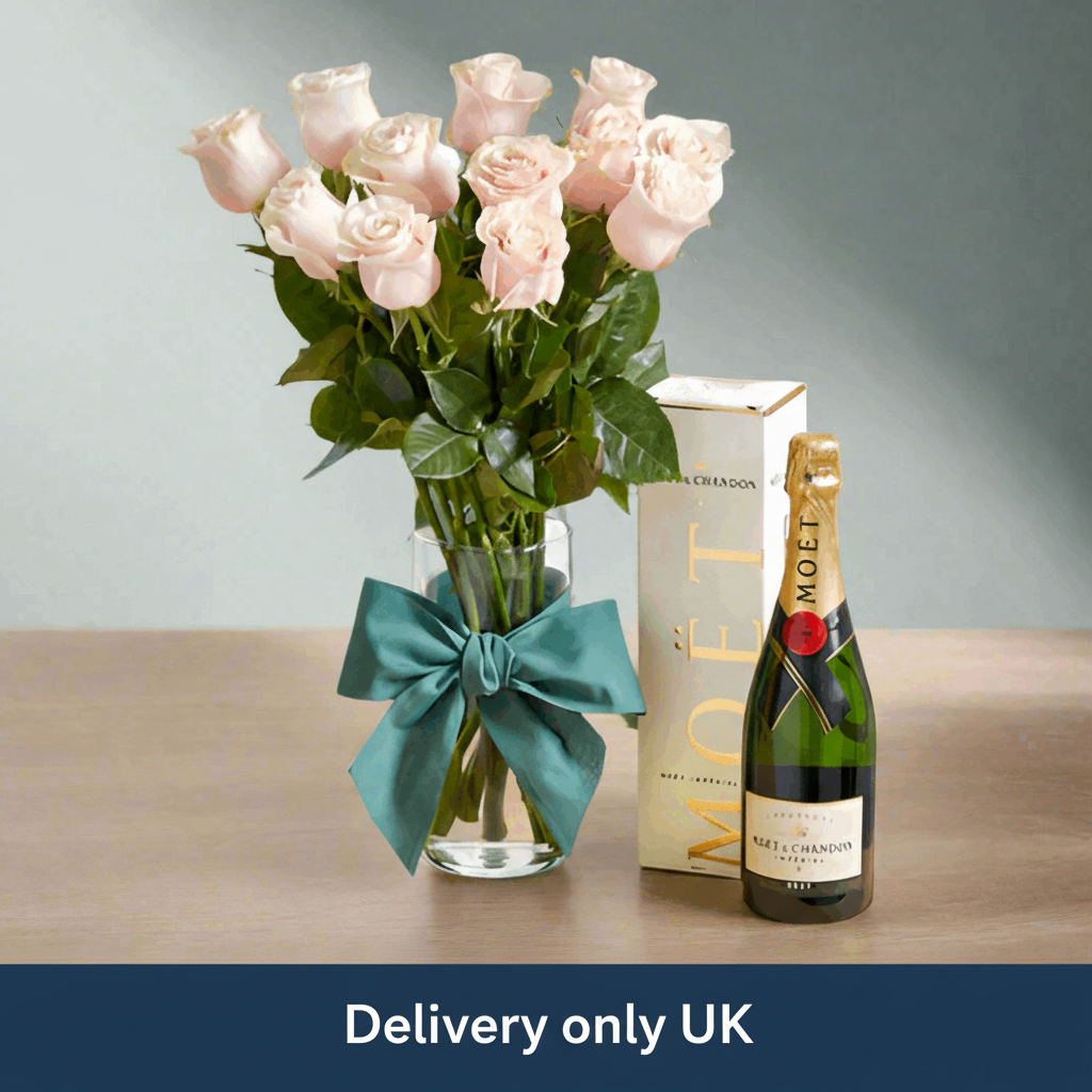 12 Pink Roses with Moet - UK