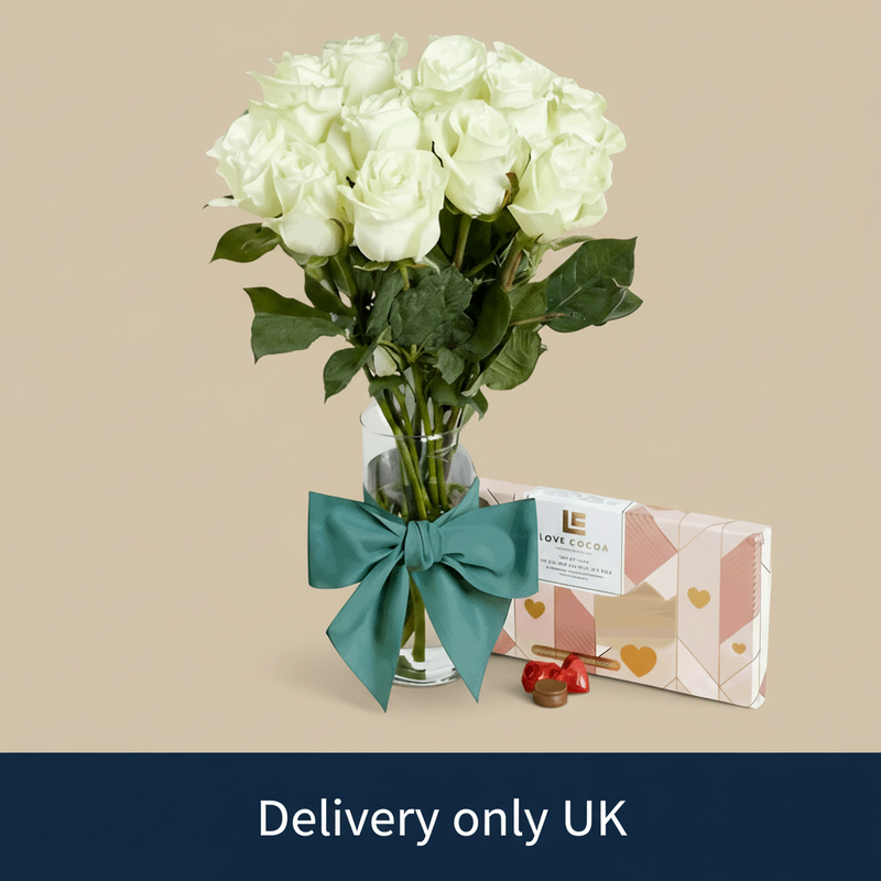 12 White Roses with Chocolates - UK