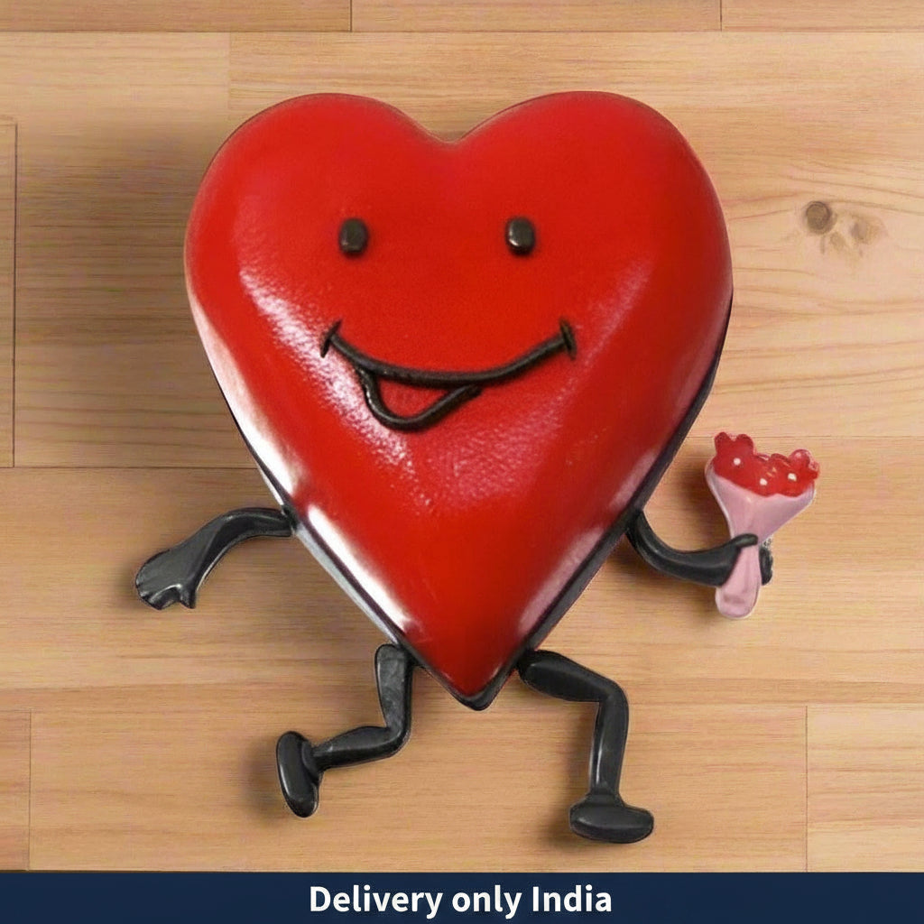 Smiling Heart Character Cake — a red smiling-heart character with arm-and-leg accents; India