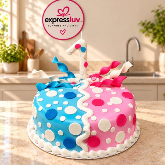 1st Birthday Celebration Cake design, photographed on a sunlit marble counter — delivery in India