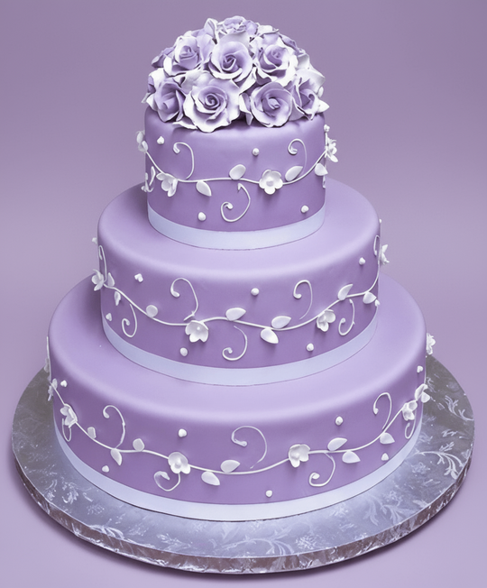 Lilac Three-Tier Cake — lilac finish, pale decorative swirls and a rose-style topping; India