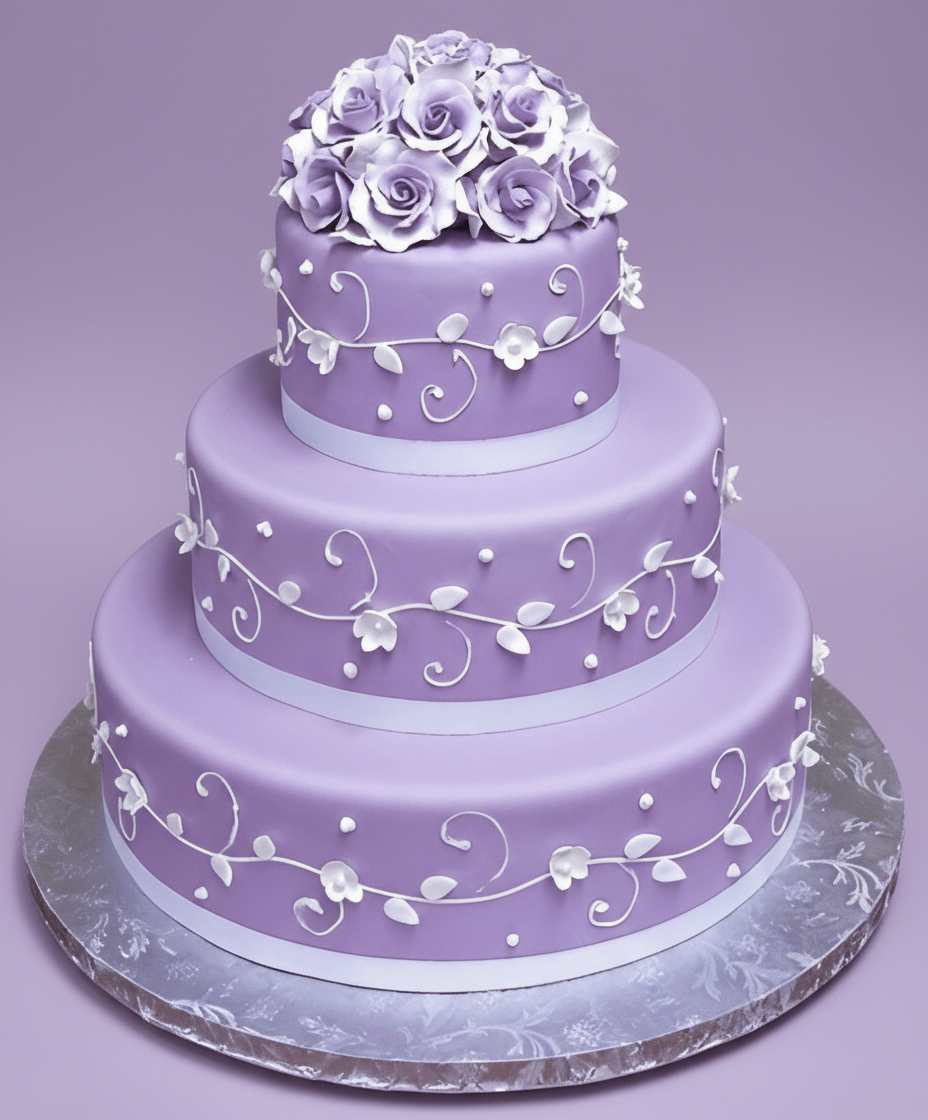 Lilac Three-Tier Cake — lilac finish, pale decorative swirls and a rose-style topping; India