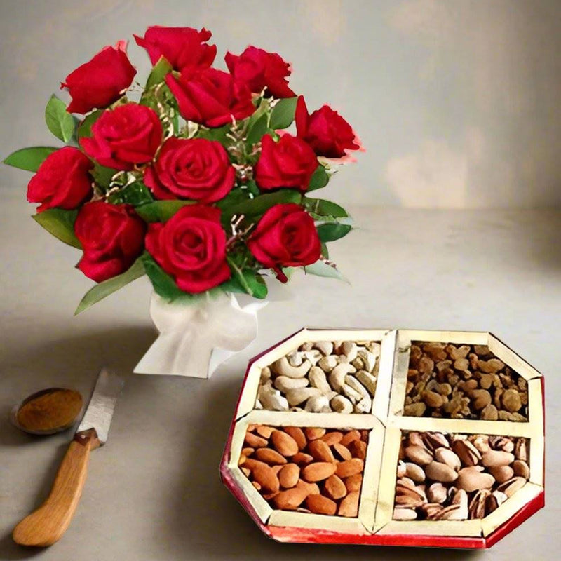 Dry Fruit Gift Pack & Roses Bunch - India