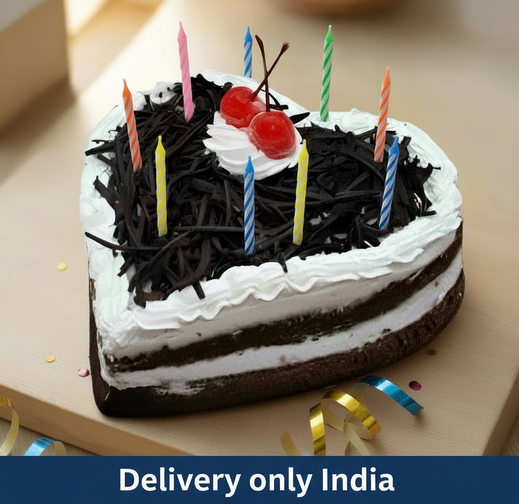 Black Forest Heart-Shaped Cake — white cream borders, dark shavings and cherry accents; India