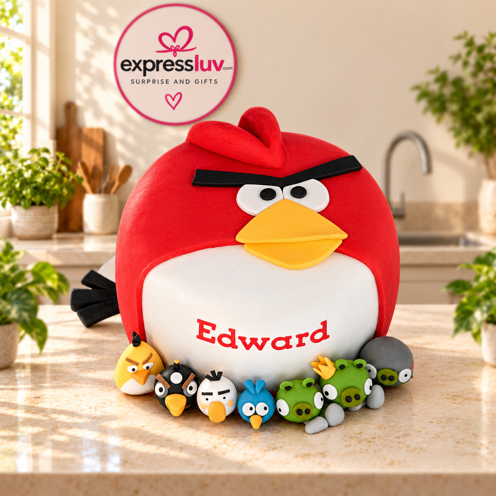 Angry Bird Cake — a red Angry Birds character and small bird decorations; India