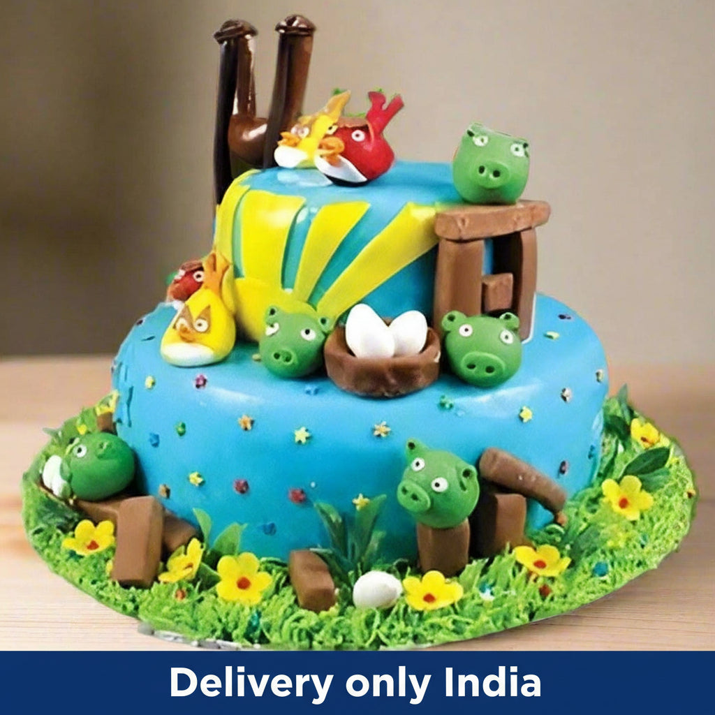 Angry Birds Cake — Angry Birds characters and brightly coloured game-style decorations; India