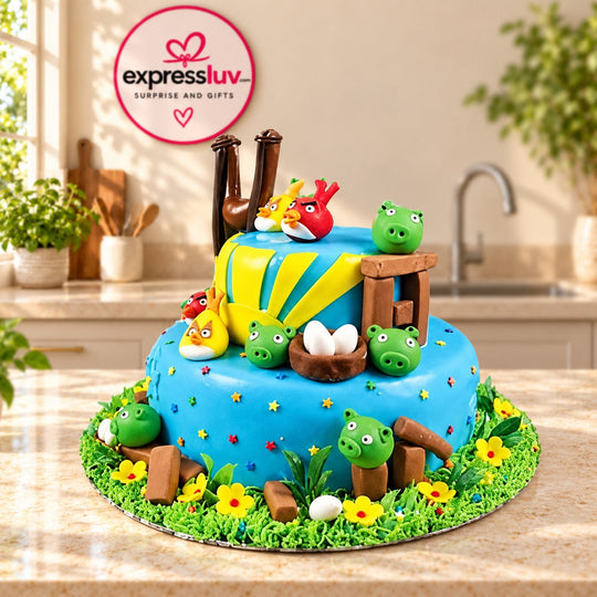 Angry Birds Cake design, photographed on a sunlit marble counter — delivery in India