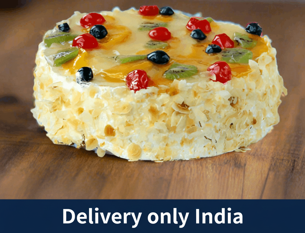 Fruit Butterscotch Cake — pale textured sides and mixed-fruit topping; India