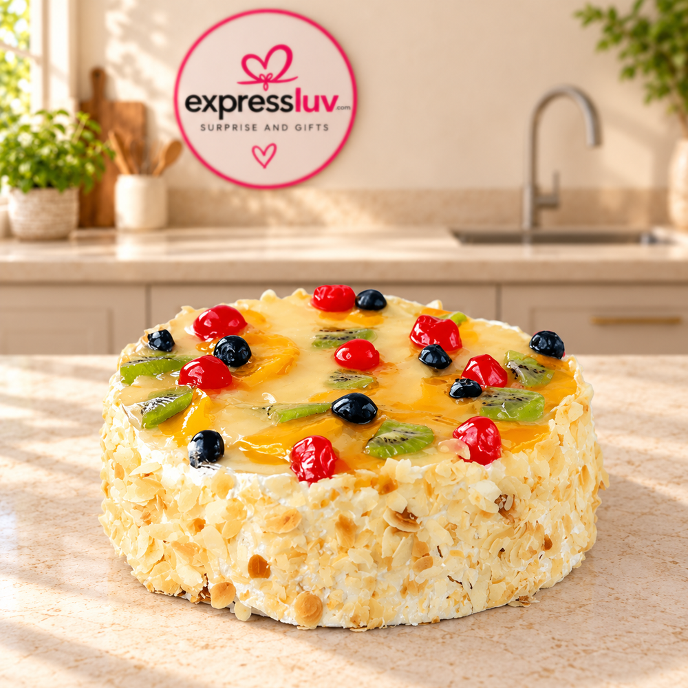 Fruit Butterscotch Cake, photographed on a sunlit marble counter — delivery in India