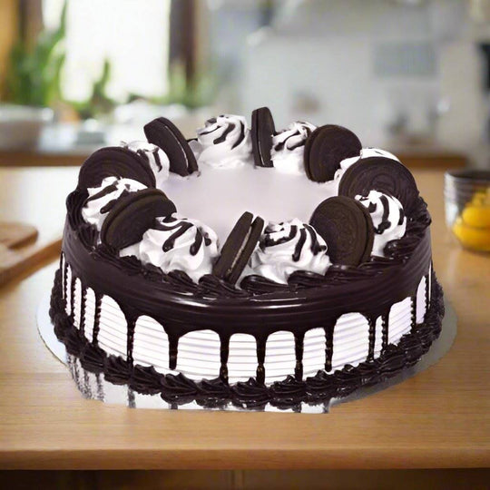Chocolate Oreo Cake — dark drip glaze, white cream swirls and sandwich-cookie topping; India