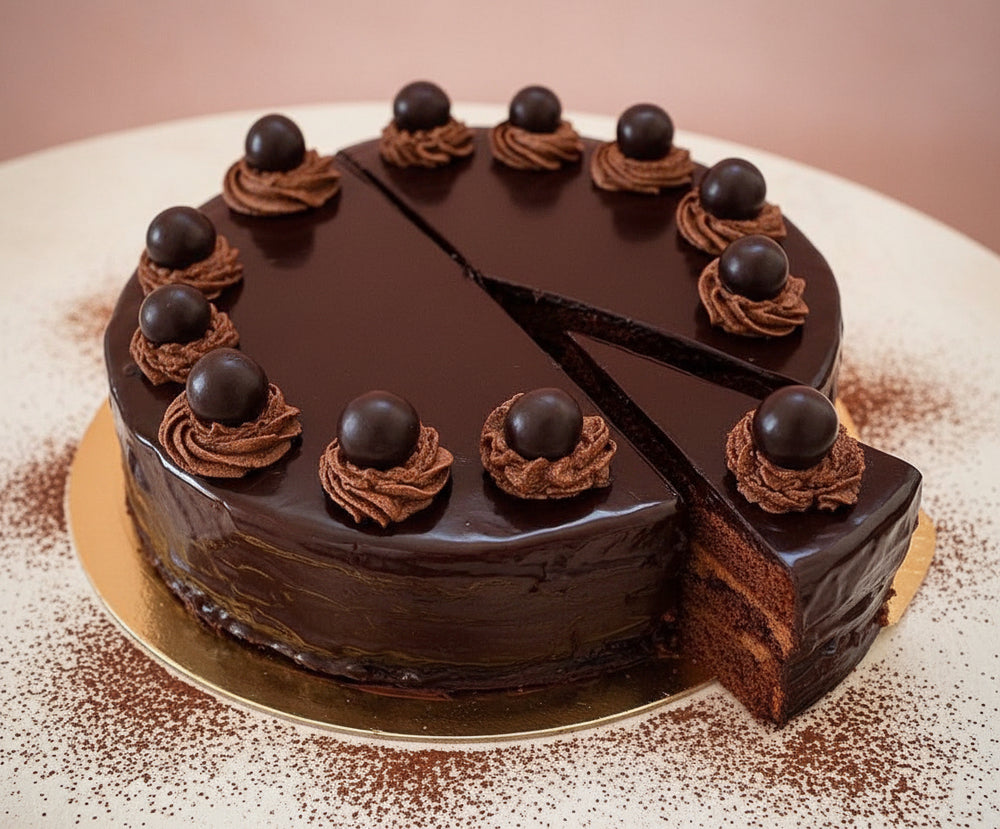 Chocolate Beauty Cake — dark smooth frosting and evenly spaced rosette-topped chocolate balls; India