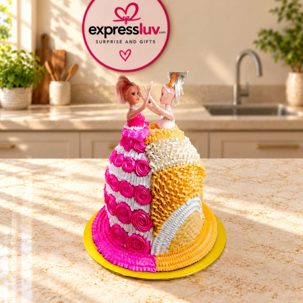 Dancing Barbies Cake, photographed on a sunlit marble counter — delivery in India