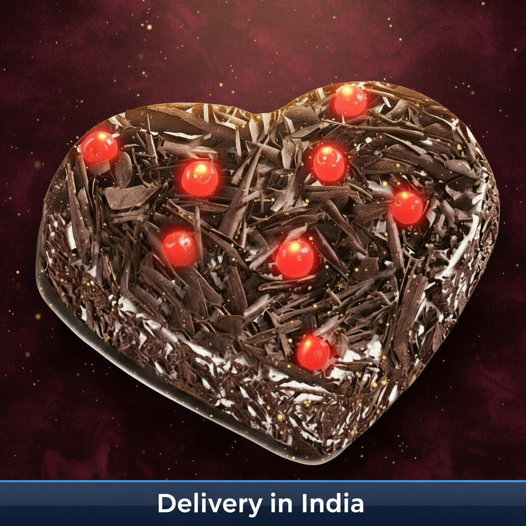 Black Forest Cake — chocolate shavings, red cherries and pale diagonal drizzle; India