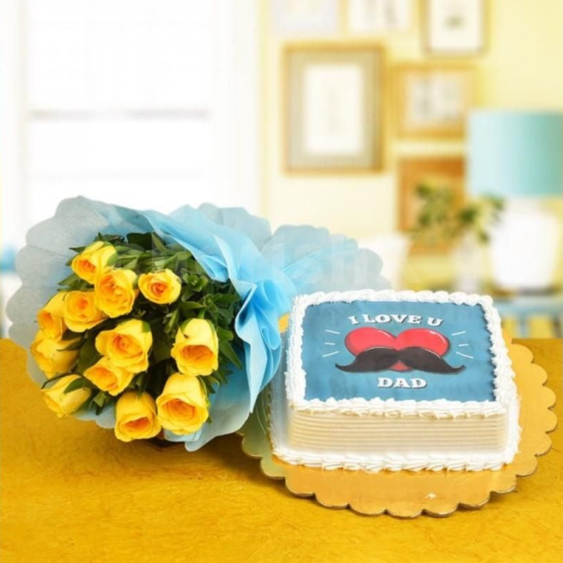 Photo Cake 1 KG and Yellow Roses Bunch - India