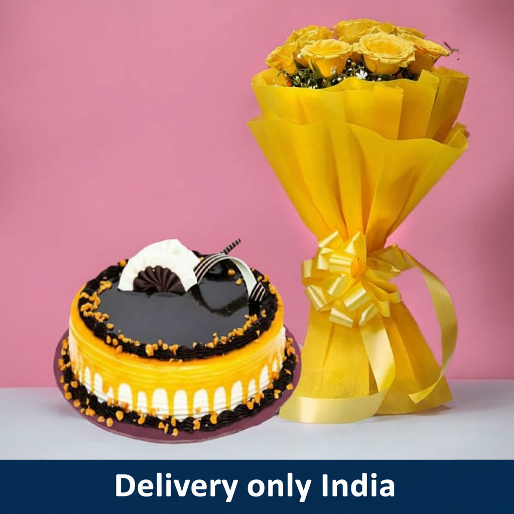 Butterscotch Cake & Yellow Rose Bouquet – India