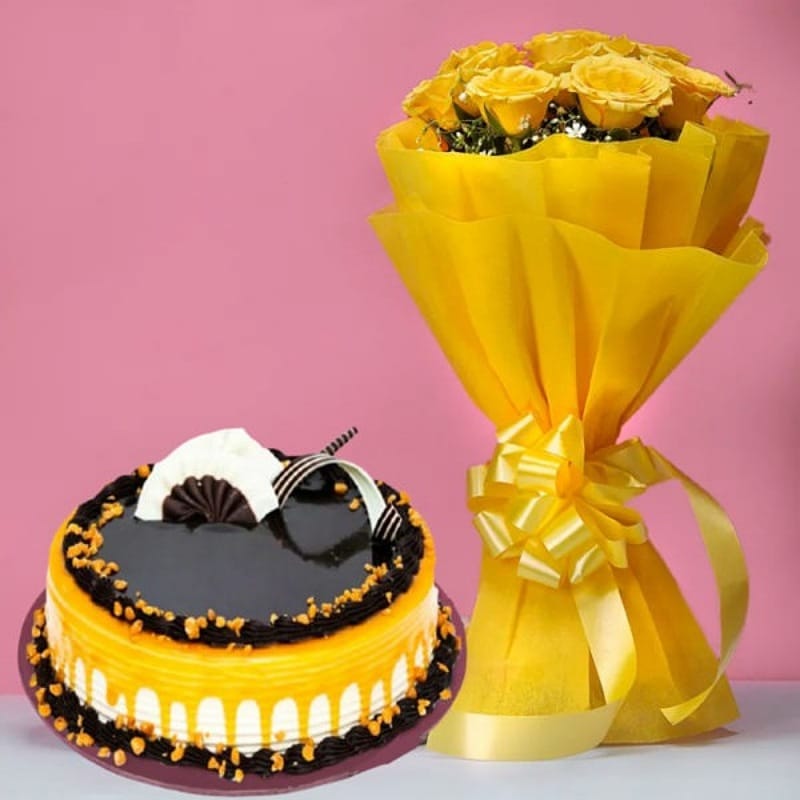 Combo Gifts - Butterscotch Cake & Yellow Roses Bouquet