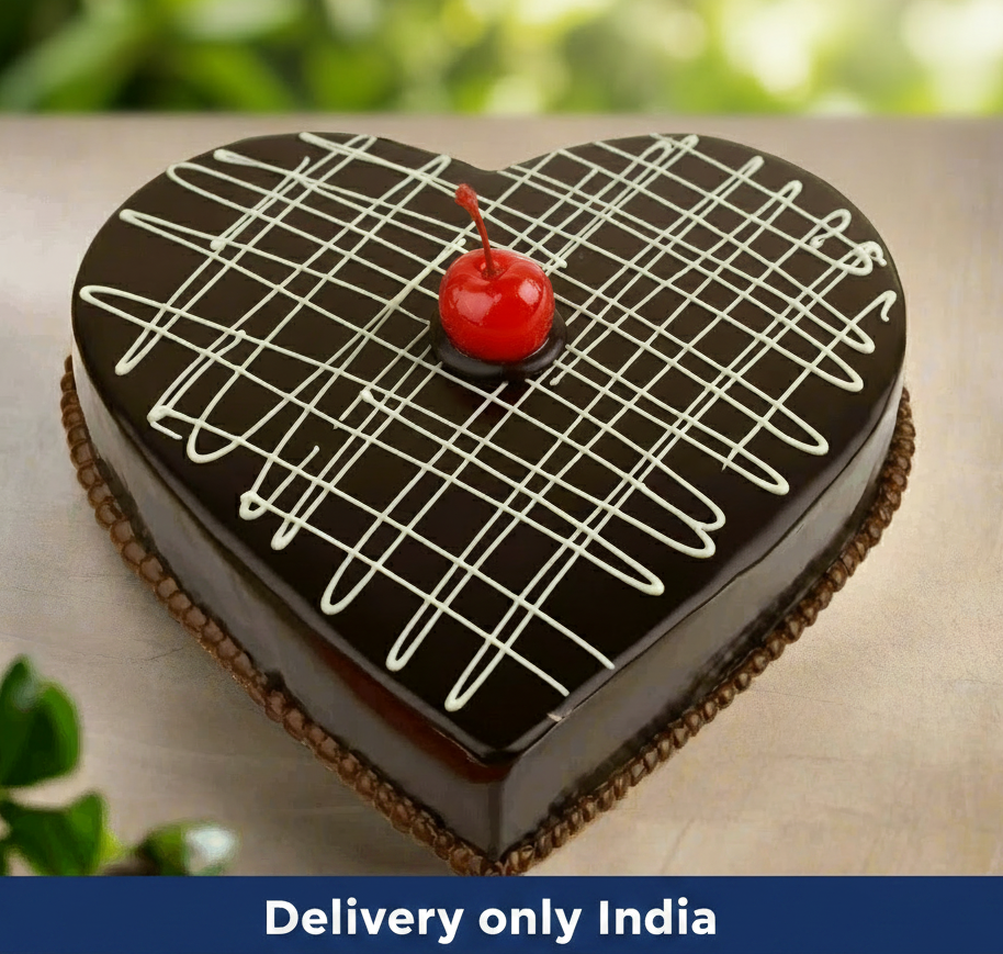 Celebration Heart-Shaped Chocolate Cake — dark glaze with pale crossed drizzle and a red cherry; India