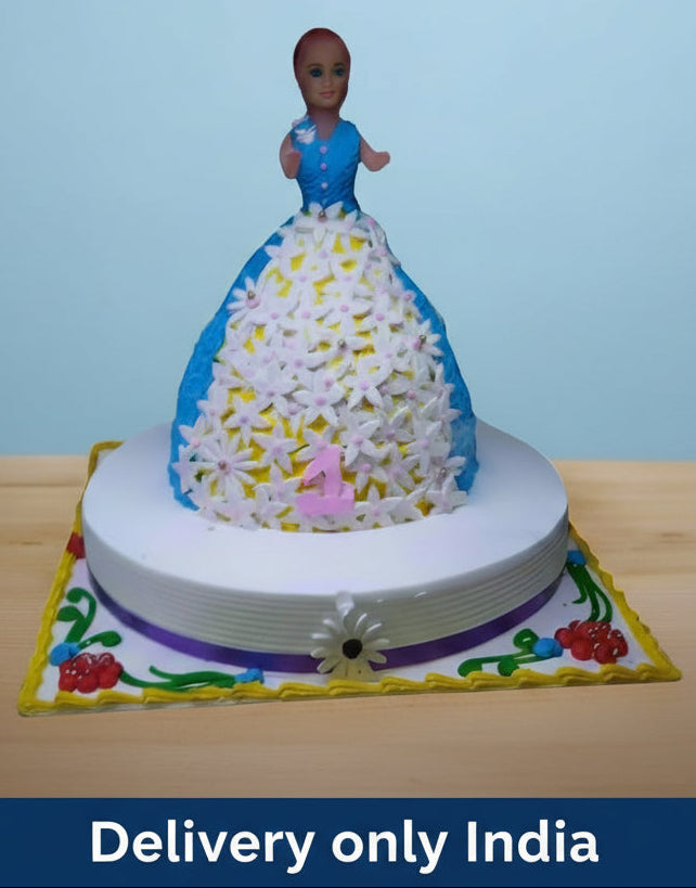 Baby Doll Cake — a blue-and-white doll skirt on a white base tier; India