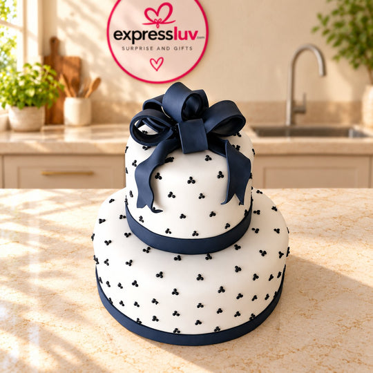 Cake for You — white finish, dark bow and small dark motifs; India
