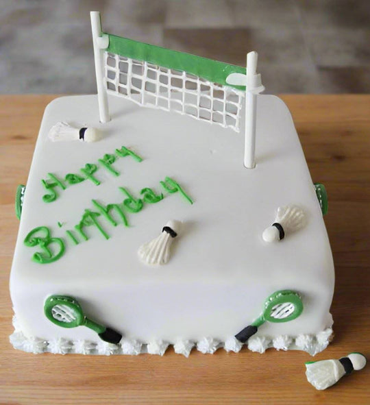 Badminton Court Design Cake — white court design, green borders and a badminton net; India