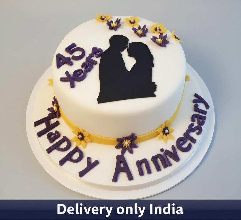 45th Anniversary Cake — a couple silhouette and 45th-anniversary decorations; India