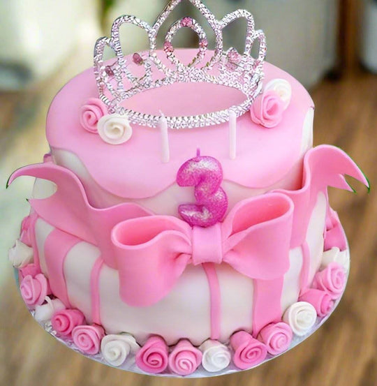 Cake for Princess - 3 kgs — pink princess styling with a tiara and large bow; India