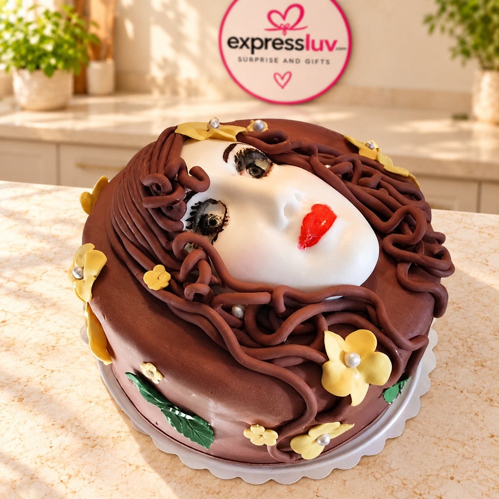 Face Design Celebration Cake, photographed on a sunlit marble counter — delivery in India