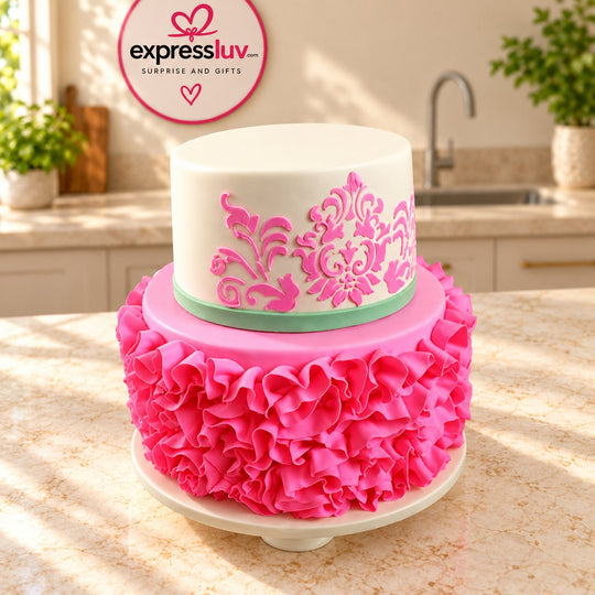 Cake for Special — a tilted white top tier and pink ruffled lower tier; India