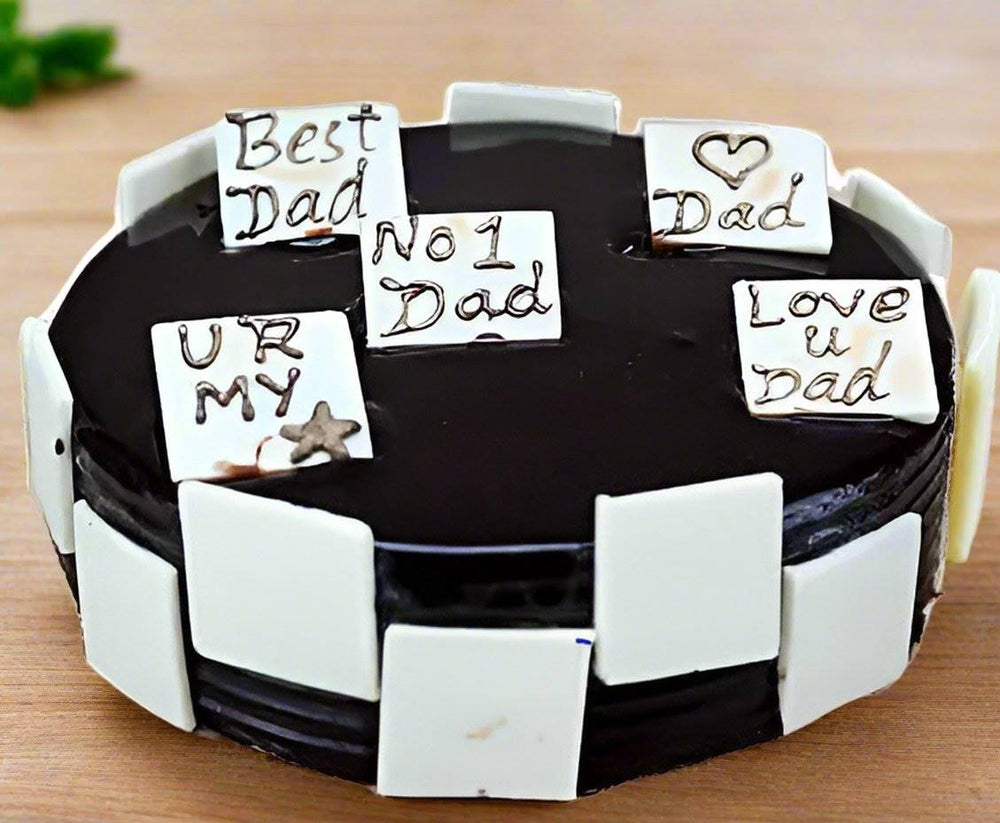 Chocolate Cake with Dad Message Toppers — dark-and-pale side panels with multiple dad-message toppers; India