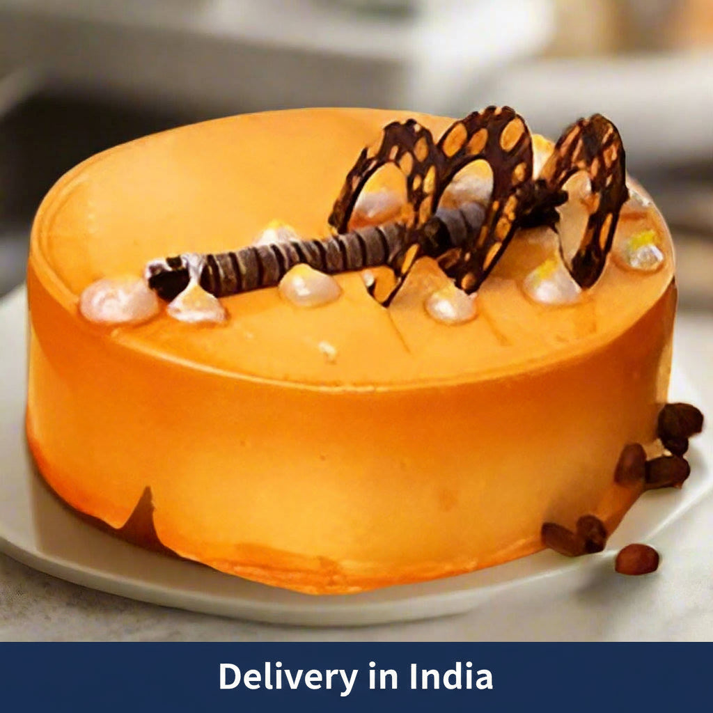 Brown Chocolate Cake — golden glazed finish and dark openwork decorations; India