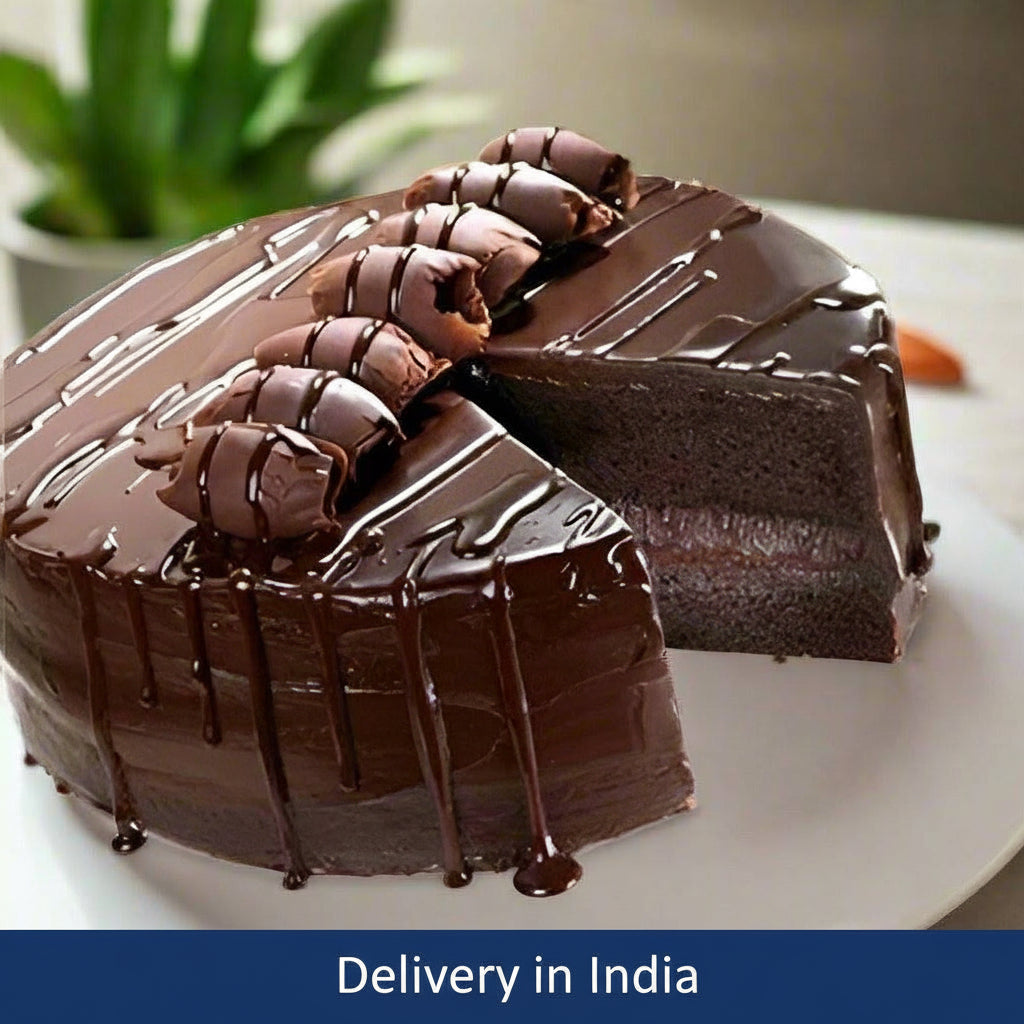 Celebration Chocolate Truffle Cake — dark drizzle, chocolate-coloured swirls and visible layered slices; India