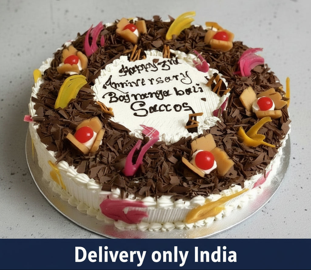 Cream Decor Black Forest Cake — cream centre surrounded by colourful curled decorations; India