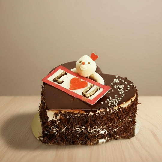 Black Forest - Love You Cake — dark textured sides, a red photo-style panel and a small teddy figure; India