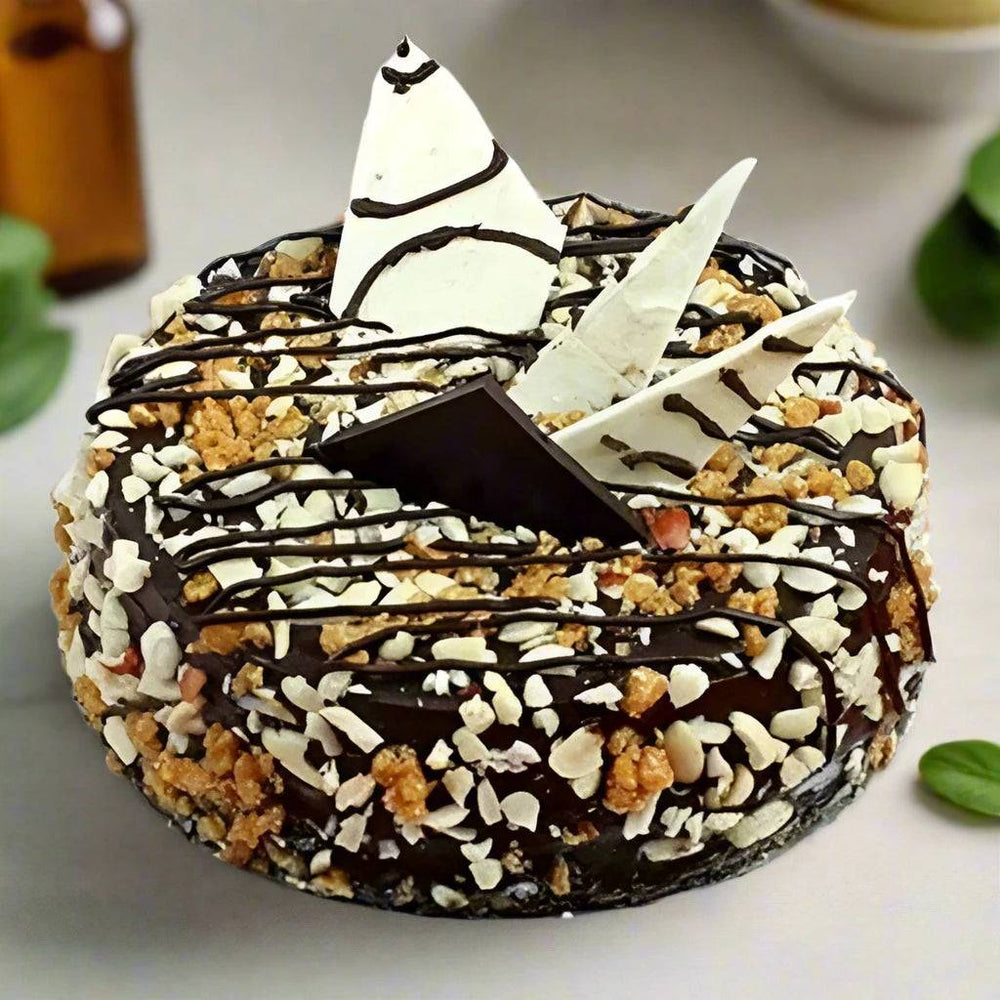 Chocolate Dry Fruit Topping Cake — nut-covered sides and dark drizzle over pale decorative shards; India