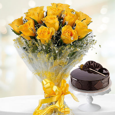 Yellow Roses Bunch and Chocolate Cake – India