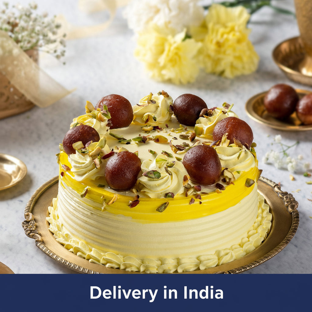 Celebration Gulab Jamun Cake - 1 kg — yellow piped frosting, round sweet toppings and nut-like accents; India