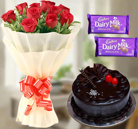 Occasional Combo Gift - Red flowers Bouquet, Cake and a Basket of Chocolates – India