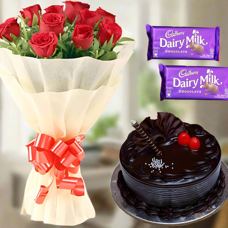Occasional Combo Gift - Red flowers Bouquet, Cake and a Basket of Chocolates