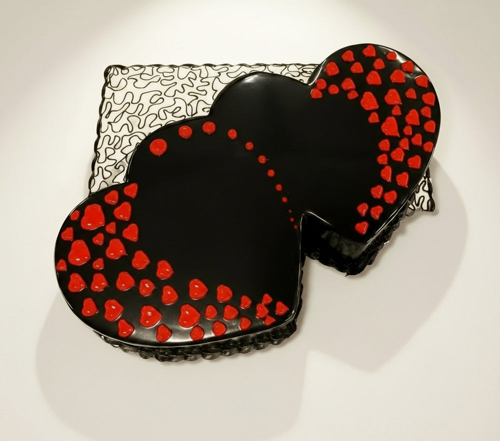 Twin Heart Chocolate Cake - 3kg — two dark hearts with red dotted accents; India