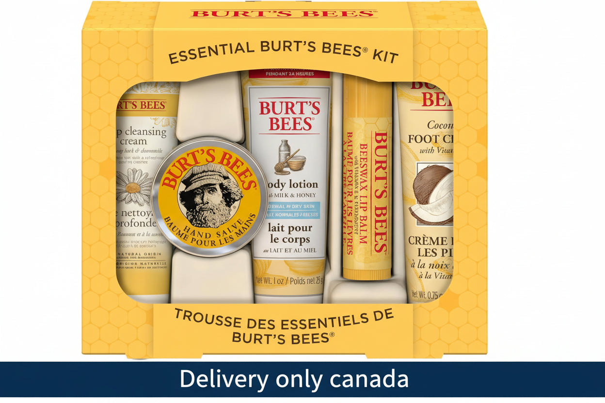A Burt's Bees gift set containing various skin care products, including hand cream, body lotion, and foot cream, packaged in a yellow box with product labels. Delivery Across Canada.