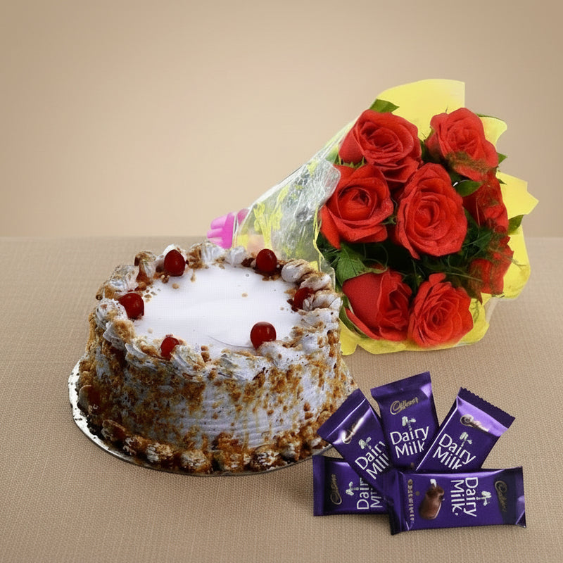 Cake, Red Roses & Chocolate Gift Combo Delivery India