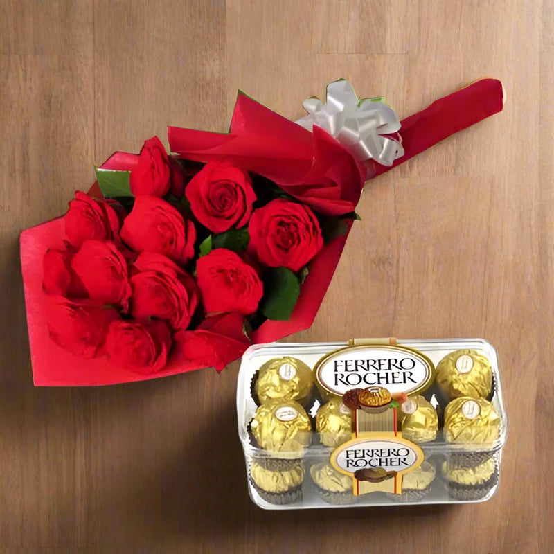 Ferrero Rocher and Red Roses Bunch - India