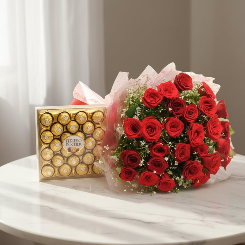 20 Roses Big Bunch and Ferrero Rocher 24pc Combo