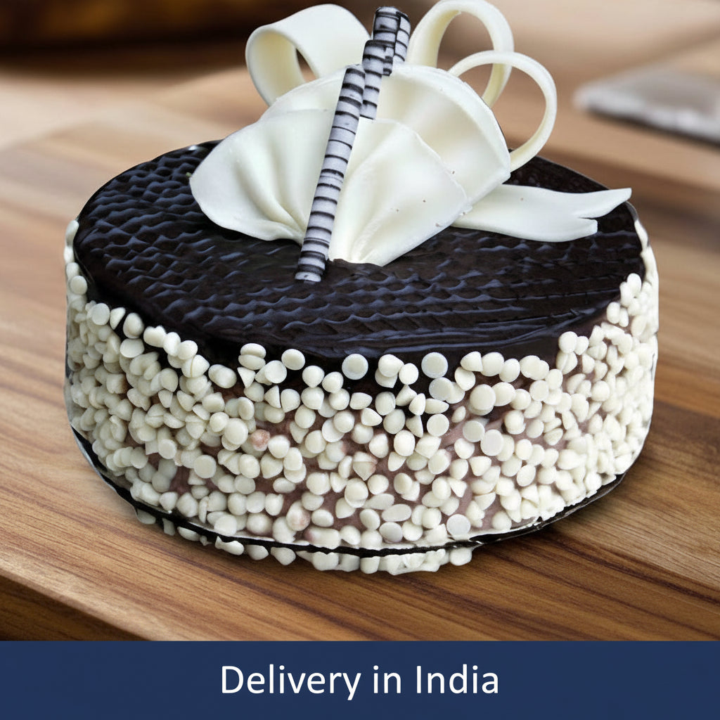 Chocolate Chips Cake — dark top, pale bead-like sides and a large pale bow; India