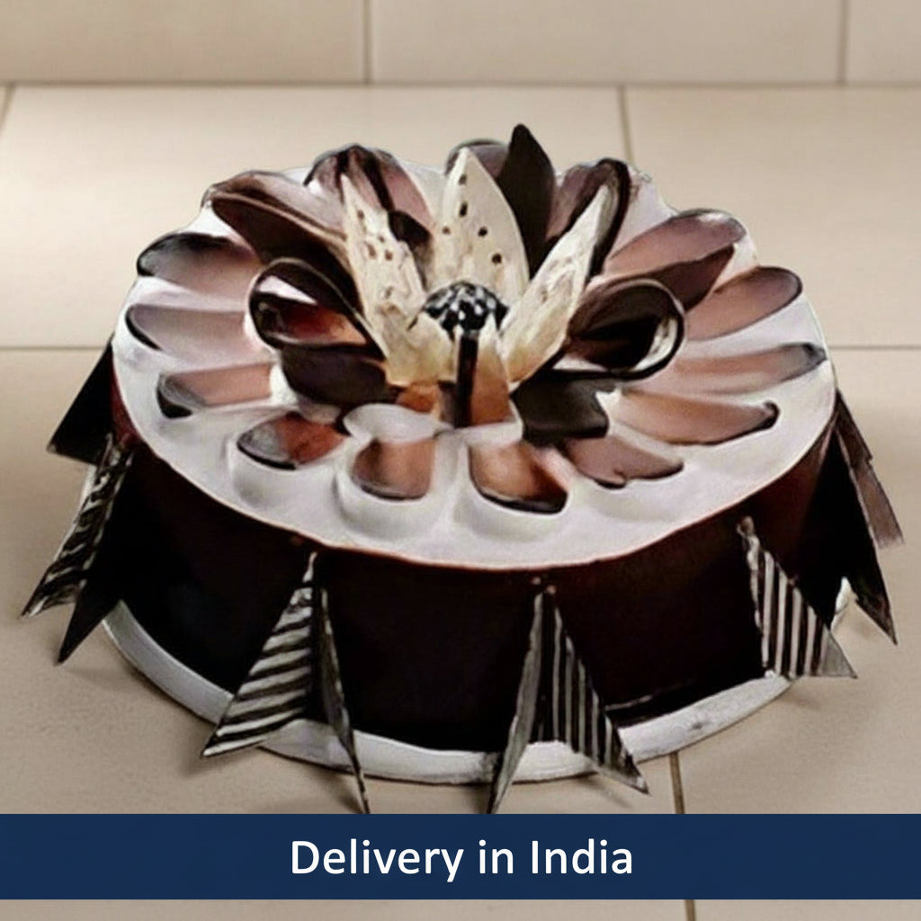 Patterned Decor Designer Chocolate Cake — contrasting dark side panels and pale patterned topping; India