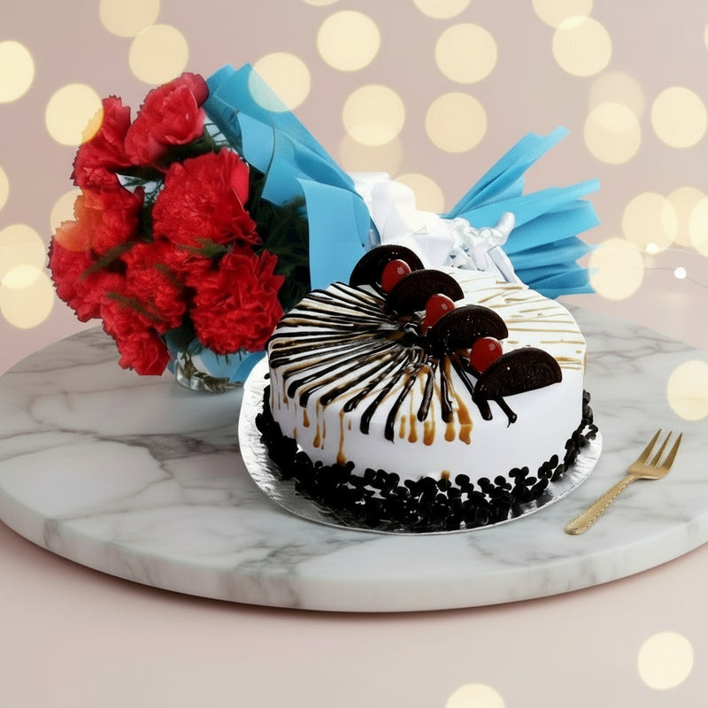 Carnations and Choco butterscotch cake - India