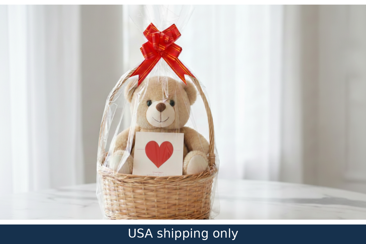 Teddy bear in a wicker basket with a red bow and heart card