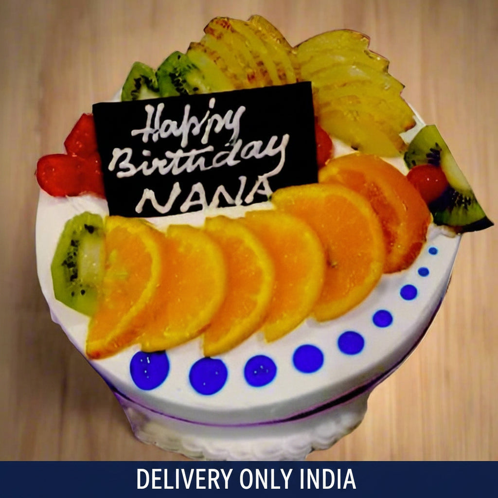 Fresh Fruit Birthday Cake — mixed-fruit topping, white cream and blue dot detailing; India