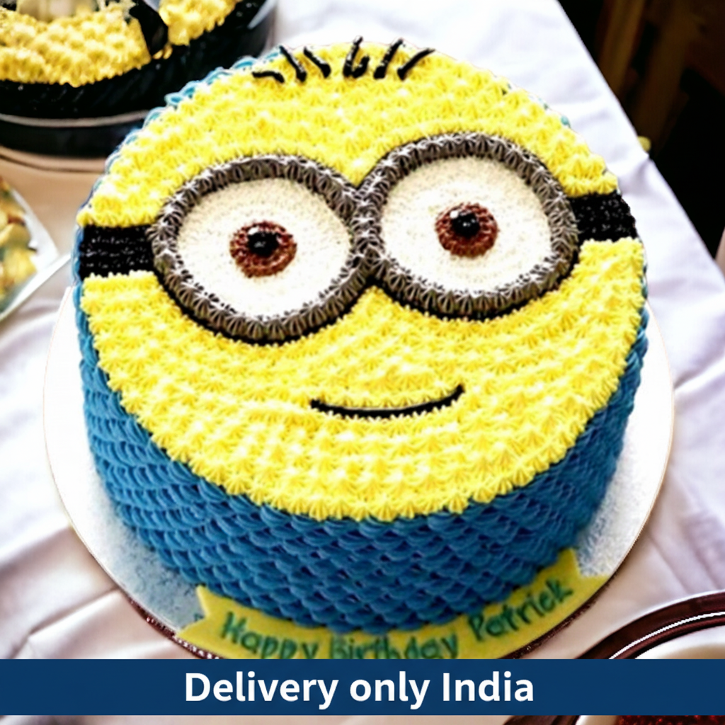 Minion Cake — yellow-and-blue Minion-face piping; India