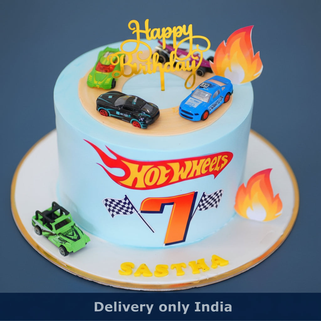 Hot Wheels Cake — Hot Wheels-inspired racing styling with cars and flame motifs; India
